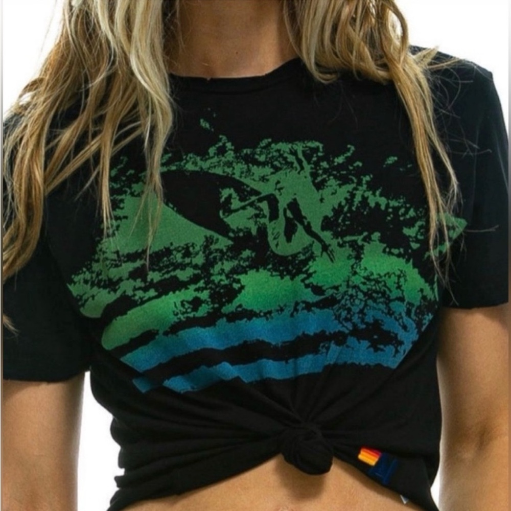 aviator nation surfer splash boyfriend cropped tee -charcoal black - size pp